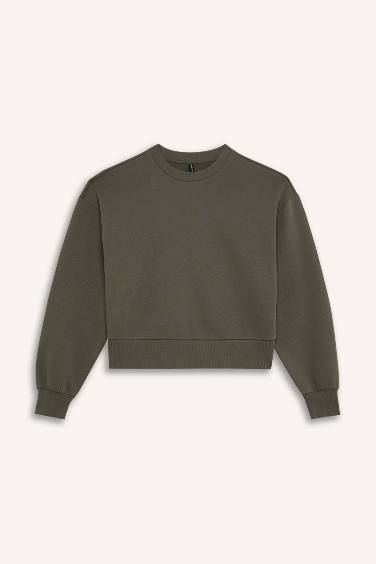 Kadın Boxy Fit Bisiklet Yaka Kalın Basic Düz Sweatshirt