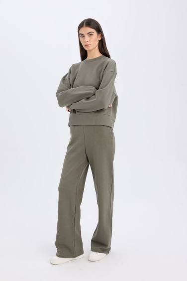 Boxy Fit Bisiklet Yaka Kalın Basic Düz Sweatshirt