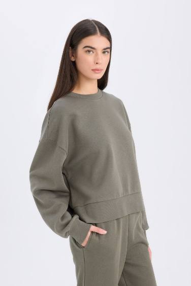 Boxy Fit Bisiklet Yaka Kalın Basic Düz Sweatshirt