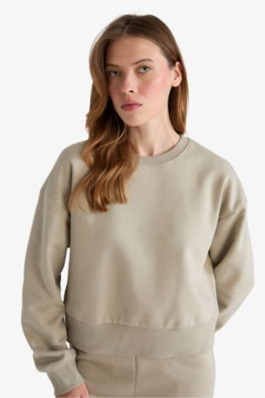 Boxy Fit Bisiklet Yaka Basic Düz Sweatshirt