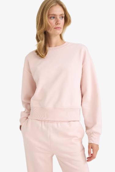 Boxy Fit Bisiklet Yaka Basic Düz Sweatshirt