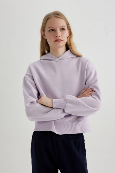 Boxy Fit Kapüşonlu Kalın Basic Düz Sweatshirt