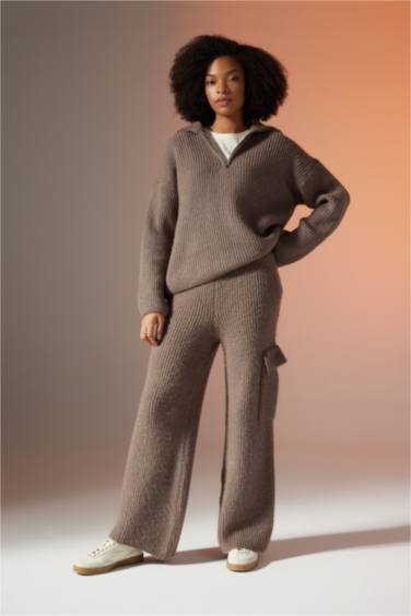 Wide Leg Cargo Pocket Knitwear Trousers