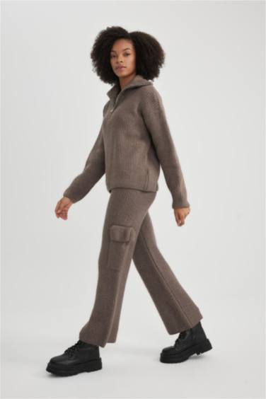 Wide Leg Cargo Pocket Knitwear Trousers