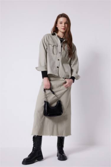 Tunique en Gabardine Coupe Relax Col Chemise à Manches Longues