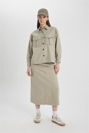 Tunique en Gabardine Coupe Relax Col Chemise à Manches Longues