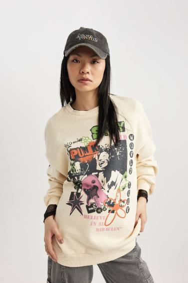 Oversize Fit Printed Thick Sweatshirt