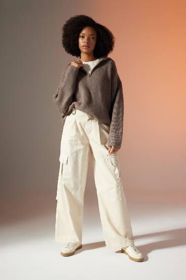 Wide Leg Kargo Cepli Yüksek Bel Standart Boy Gabardin Pantolon