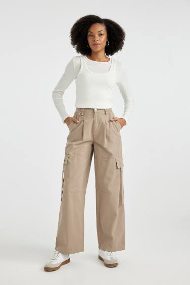 Wide Leg Kargo Cepli Yüksek Bel Standart Boy Gabardin Pantolon