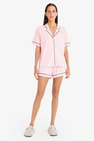 Regular Fit Pijama Takımı Çizgili Kısa Kollu Üst Esnek Şort-Fall in Love