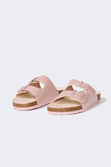 Girl Flat Sole Double Band Faux Leather Slippers