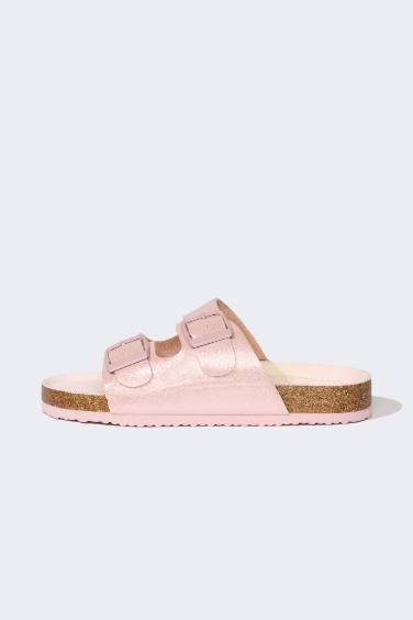 Girl Flat Sole Double Band Faux Leather Slippers