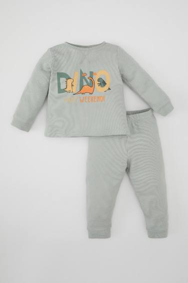 Ensemble Pyjama à Manches Longues et Motif Dinosaure en Nid D'Abeille pour Bébé Garçon - 2 Pièces