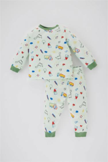 Baby Boy Patterned Long Sleeve Ribbed 2 Piece Pajama Set