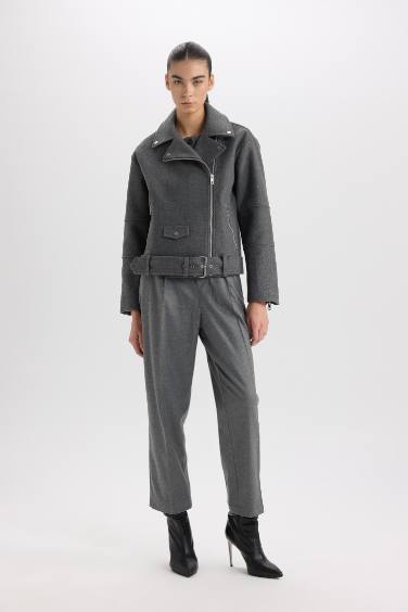 Regular Fit Ceket Yaka Kemerli Fermuarlı Kısa Kaşe Kaban