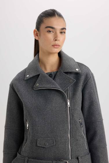 Regular Fit Ceket Yaka Kemerli Fermuarlı Kısa Kaşe Kaban