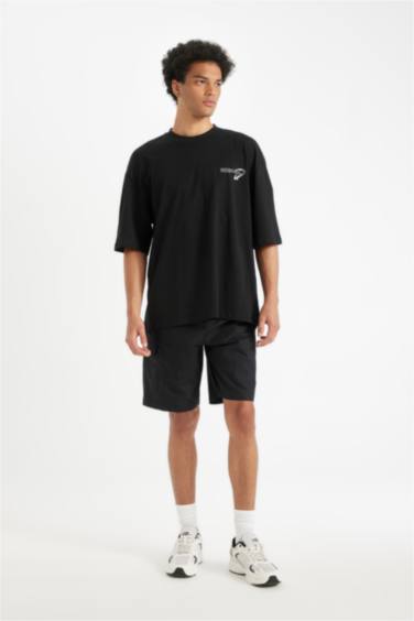 Black Loose Fit Crew Neck Back Printed Cotton T-Shirt