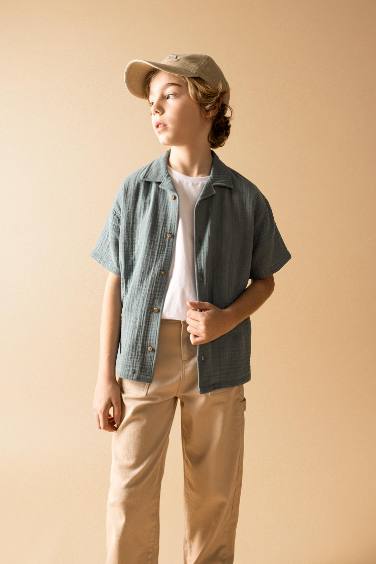 Boy Oversize Fit Polo Neck Waffle Short Sleeve Shirt