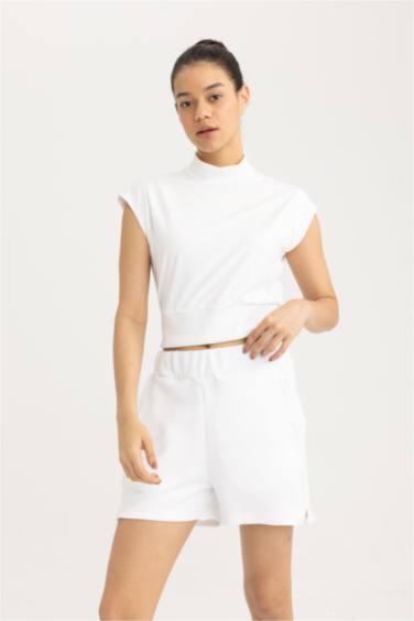 DeFactoFit Crop Stand Collar Heavy Fabric T-Shirt