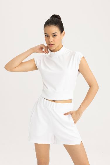 DeFactoFit Crop Stand Collar Heavy Fabric T-Shirt