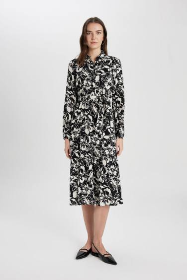 Shirt Collar Patterned Long Sleeve Maxi Dress