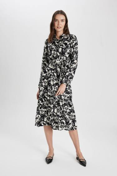 Shirt Collar Patterned Long Sleeve Maxi Dress