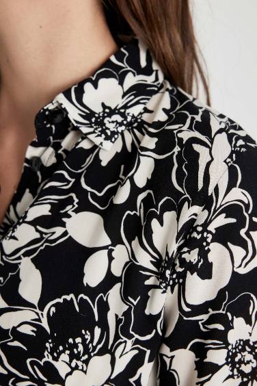 Shirt Collar Patterned Long Sleeve Maxi Dress