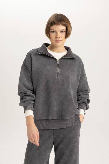 Relax Fit Polo Neck Thick Sweatshirt Fabric Sweatshirt