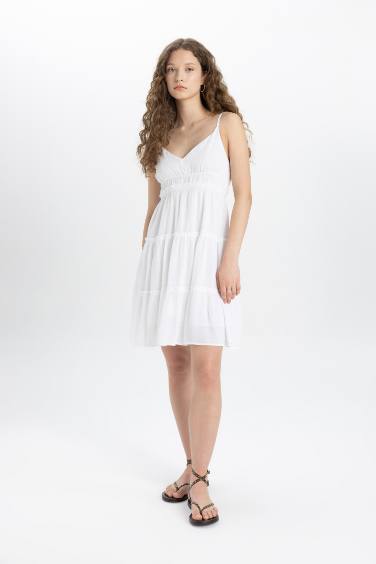 A-Line V-Neck Strap White Short Sleeve Dress