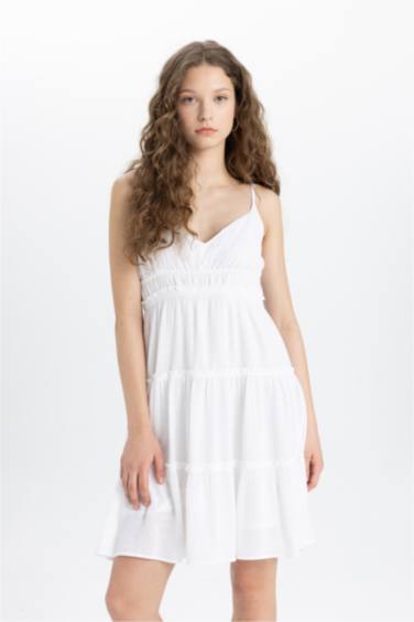 A-Line V-Neck Strap White Short Sleeve Dress