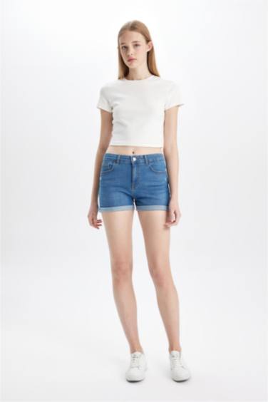 High Waist Fold-Ankle Denim Shorts