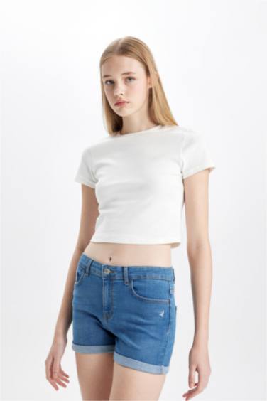 High Waist Fold-Ankle Denim Shorts