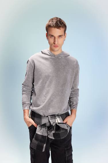 Regular Fit Hooded Washed Effect Basic Sweatshirt