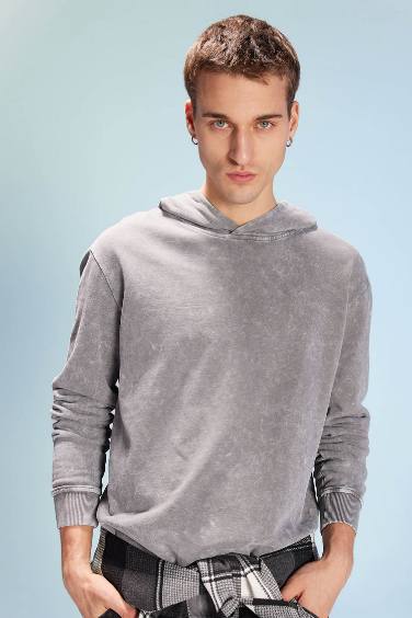 Regular Fit Hooded Washed Effect Basic Sweatshirt