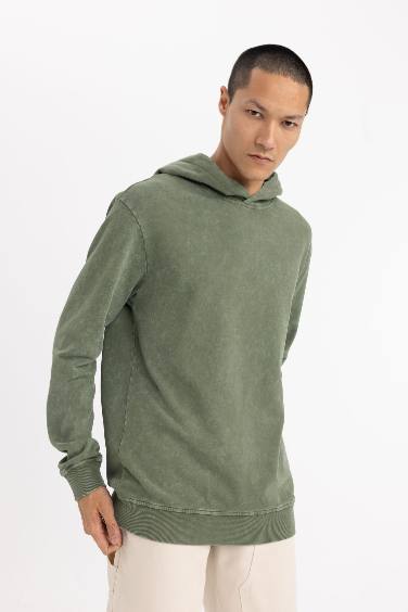 Regular Fit Hooded Washed Effect Basic Sweatshirt