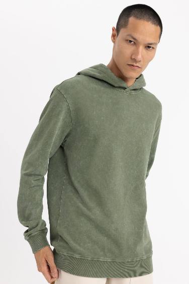 Regular Fit Kapüşonlu Yıkamalı Soluk Efektli Basic Düz Sweatshirt