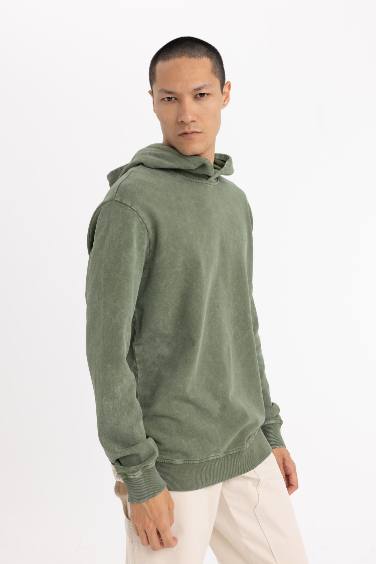 Regular Fit Hooded Washed Effect Basic Sweatshirt