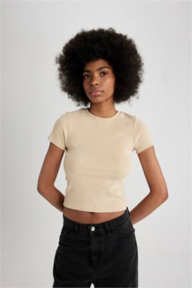 T-Shirt Slim Col Rond à Manches Courtes à Effet Délavé