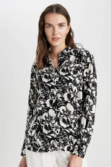 Oversize Fit Patterned Long Sleeve Shirt Tunic