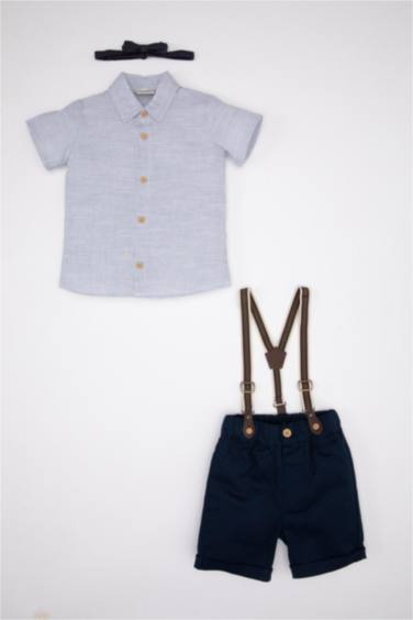 Baby Boy Striped Shirt Shorts Bow Tie Suspender 4 Piece Set