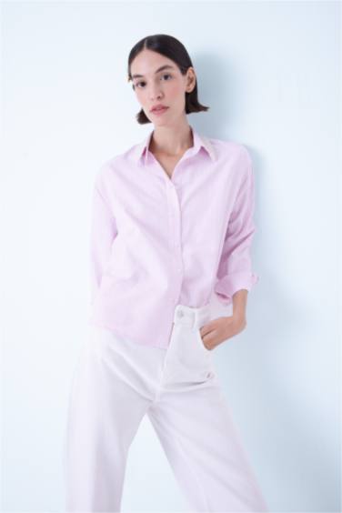 Oversize Geniş Kalıp Çizgili Yaka Boncuklu Oxford Uzun Kollu Gömlek