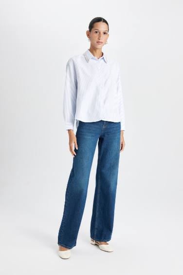 Oversize Fit Shirt Collar Striped Oxford Long Sleeve Shirt