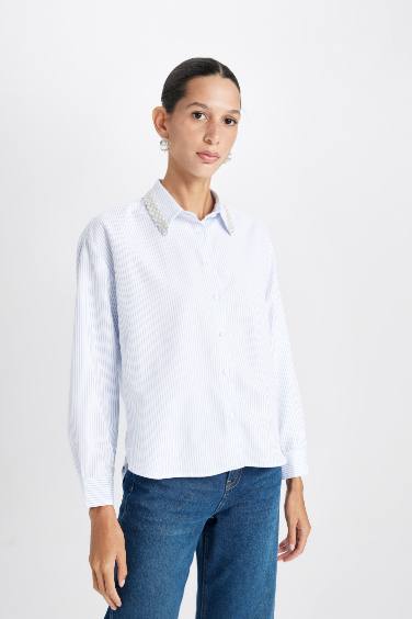 Oversize Fit Shirt Collar Striped Oxford Long Sleeve Shirt