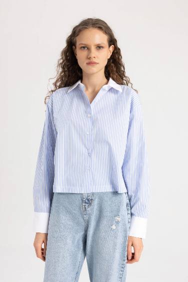 Striped Poplin Long Sleeve Crop Shirt