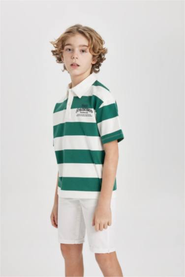 Boy Oversize Fit Striped Printed Polo T-Shirt