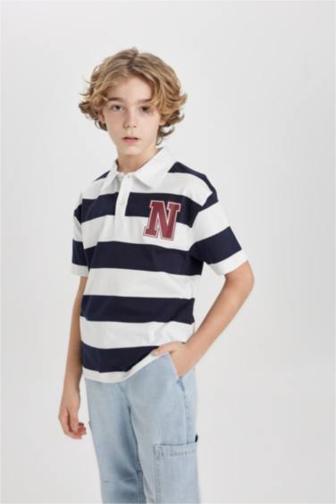 Boy Oversize Fit Striped Printed Short Sleeve Polo T-Shirt