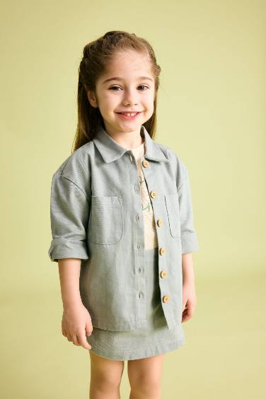 Baby Girl Pocketed Gabardine Long Sleeve Shirt