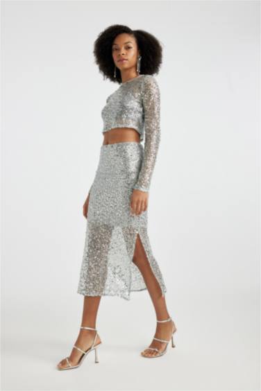 Sequined Slit Maxi Skirt