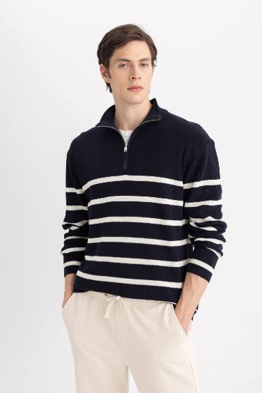 Standard Fit Bato Collar Zippered Striped Knitwear Pullover