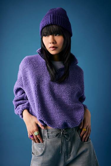 Coool Oversize Fermuarlı Dik Yaka Basic Düz Pelüş Sweatshirt